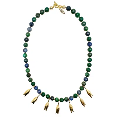 Farra Women's Green Phoenix Lapis With Flower Pendants Statement Necklace