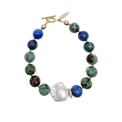 Farra Women's Green Phoenix Malachite With Baroque Pearls Bracelet