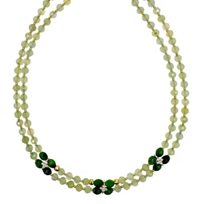 Farra Women's Green Prehnite With Zircon Stones Double Layers Collar Necklace