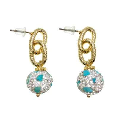 Farra Women's Green Rhinestone Bordered Turquoise Chain Simple Earrings