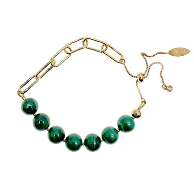 Farra Women's Green Round Malachite Adjustable Chain Bracelet