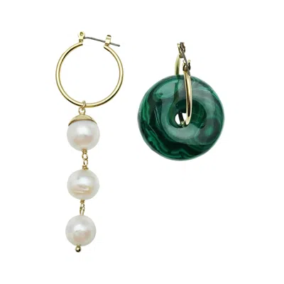 Farra Women's Green Round Malachite & Freshwater Pearls Clip On Earrings