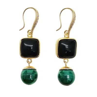 Farra Women's Green Square Black Obsidian With Malachite Earrings