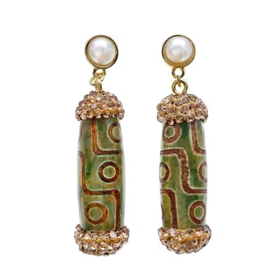 Farra Women's Green Tibetan Dzi Beads Dangle Earrings