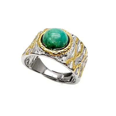 Farra Women's Green Turquoise Stone Platinum Plated Brass Adjustable Ring