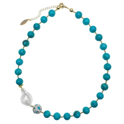 Farra Women's Green Turquoise With Baroque Pearl & Rhinestones Short Necklace