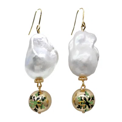 Farra Women's Green / White Christmas Style Baroque Pearls With Snowflake Ball Dangle Earrings In Gold