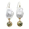 Farra Women's Green / White Christmas Style Baroque Pearls With Snowflake Ball Dangle Earrings In Multi