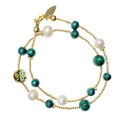 Farra Women's Green / White Christmas Style Malachite With Freshwater Pearls Double Wrapped Bracelet