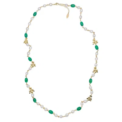 Farra Women's Green / White Freshwater Pearls With Green Agate Long Necklace