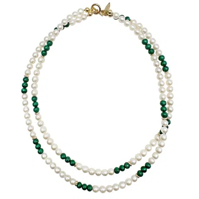 Farra Women's Green / White Freshwater Pearls With Malachite Double Layers Necklace In Multi