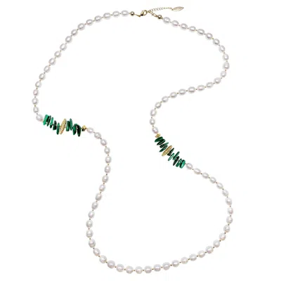 Farra Women's Green / White Freshwater Pearls With Malachite Sticks Multi-way Necklace
