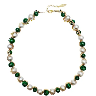 Farra Women's Green / White Green Malachite With Grey Freshwater Pearls Statement Necklace In Multi