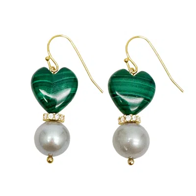 Farra Women's Green / White Heart Malachite With Gray Freshwater Pearls Dangle Earrings