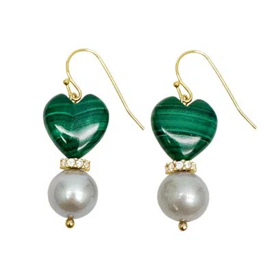 Farra Women's Green / White Heart Malachite With Gray Freshwater Pearls Dangle Earrings In Multi