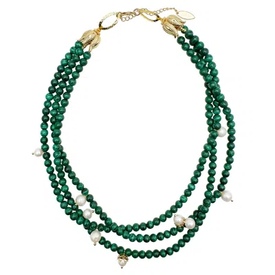 Farra Women's Green / White Malachite & Freshwater Pearls Triple Strands Necklace
