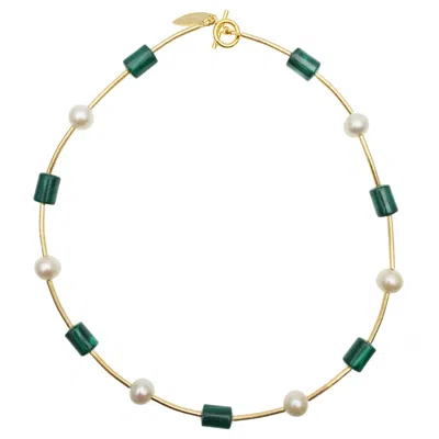 Farra Women's Green / White Malachite & Round Freshwater Pearl Simple Necklace In Multi