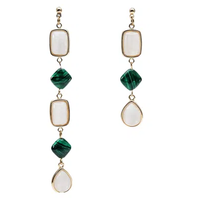 Farra Women's Green / White Moonstone With Malachite Asymmetric Earrings