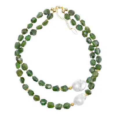 Farra Women's Green / White Natural Diopside Double Strands With Baroque Double Strands Necklace In Multi
