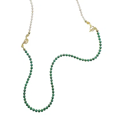 Farra Women's Green / White Round Malachite With Freshwater Pearls Convertible Necklace In Multi