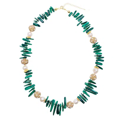 Farra Women's Green / White Stick Shaped Malachite With Pearl Rhinestone Statement Necklace In Multi