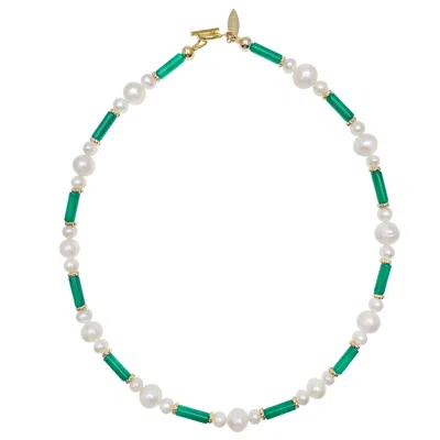 Farra Women's Green / White Tube Shaped Green Jade With Freshwater Pearls Necklace