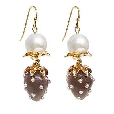 Farra Women's Grey Freshwater Pearls With Glass Strawberry Dangle Earrings In Gray