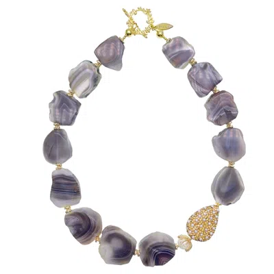 Farra Women's Grey Irregular Gray Agate With Pearl Rhinestone Necklace