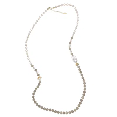 Farra Women's Grey / White Freshwater Pearls And Gray Agate With Baroque Pearls Long Necklace In Gold