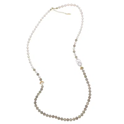 Farra Women's Grey / White Freshwater Pearls And Gray Agate With Baroque Pearls Long Necklace In Multi
