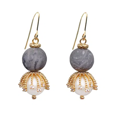 Farra Women's Grey / White Gray Agate With Freshwater Pearls Dangle Earrings