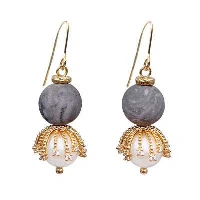 Farra Women's Grey / White Gray Agate With Freshwater Pearls Dangle Earrings In Multi