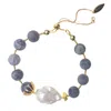 Farra Women's Grey / White Grey Agate With Baroque Pearl Adjustable Bracelet In Multi
