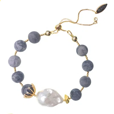 Farra Women's Grey / White Grey Agate With Baroque Pearl Adjustable Bracelet In Multi