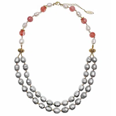 Farra Women's Grey / White / Red Grey Freshwater Pearls With Watermelon Quartz Double Strands Necklace In Metallic