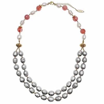 Farra Women's Grey / White / Red Grey Freshwater Pearls With Watermelon Quartz Double Strands Necklace In Multi