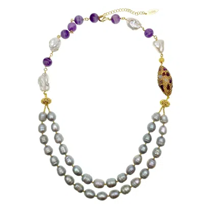 Farra Women's Grey / White White & Grey Freshwater Pearls With Amethyst Double Strands Necklace In Multi