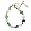 Farra Women's Heart Shaped Green Aventurine With Freshwater Pearls Adjustable Bracelet