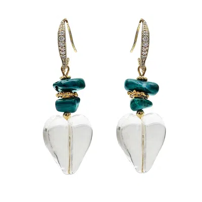 Farra Women's Heart Shaped White Quartz With Green Bamboo Coral Earrings