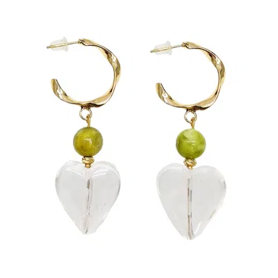 Farra Women's Heart-shaped White Quartz With Green Opal Hoop Earrings