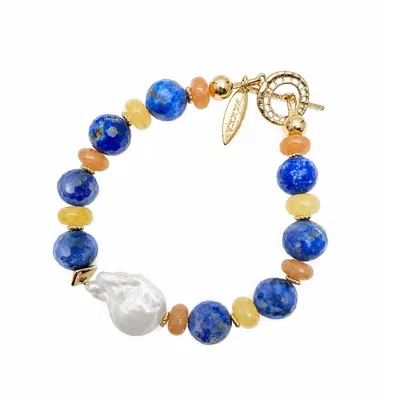 Farra Women's Lapis And Colorful Gemstone With Baroque Pearl Bracelet In Blue/orange/yellow