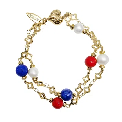 Farra Women's Lapis Red Bamboo Coral And Pearl Double Layer Chain Bracelet In Multi