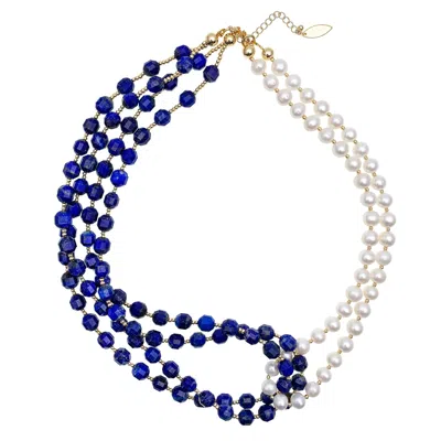 Farra Women's Lapis With Freshwater Pearls Multi Layers Necklace