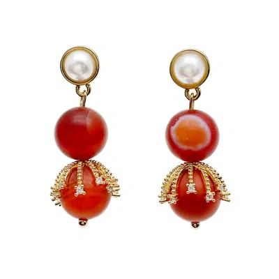 Farra Women's Matte Finish Red Agate Dangle With Pearl Stud Earrings