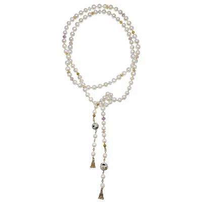 Farra Women's Multi-way Freshwater Pearls With Rhinestones Bordered Tourmaline Open Ended Long Necklace