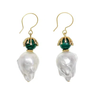 Farra Women's Natural Baroque Pearl With Round Malachite Earrings In Yellow