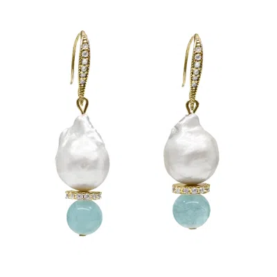 Farra Women's Natural Baroque Pearls With Blue Aquamarine Earrings