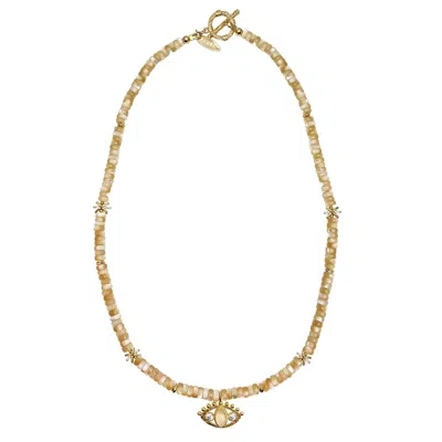Farra Women's Neutrals Beige Shell With Turkish Devil Eye Pendant Necklace In Sand