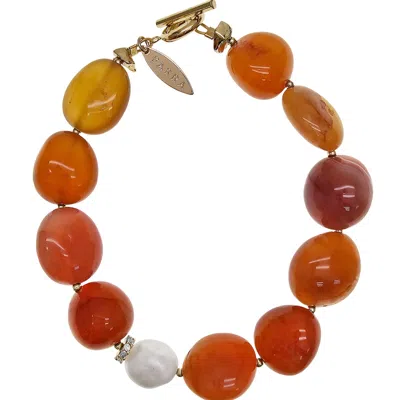 Farra Women's Nugget Orange Agate With White Pearl Bracelet