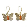 Farra Women's Orange Gold Butterfly Red Agate Stone Dangle Earrings In Orange